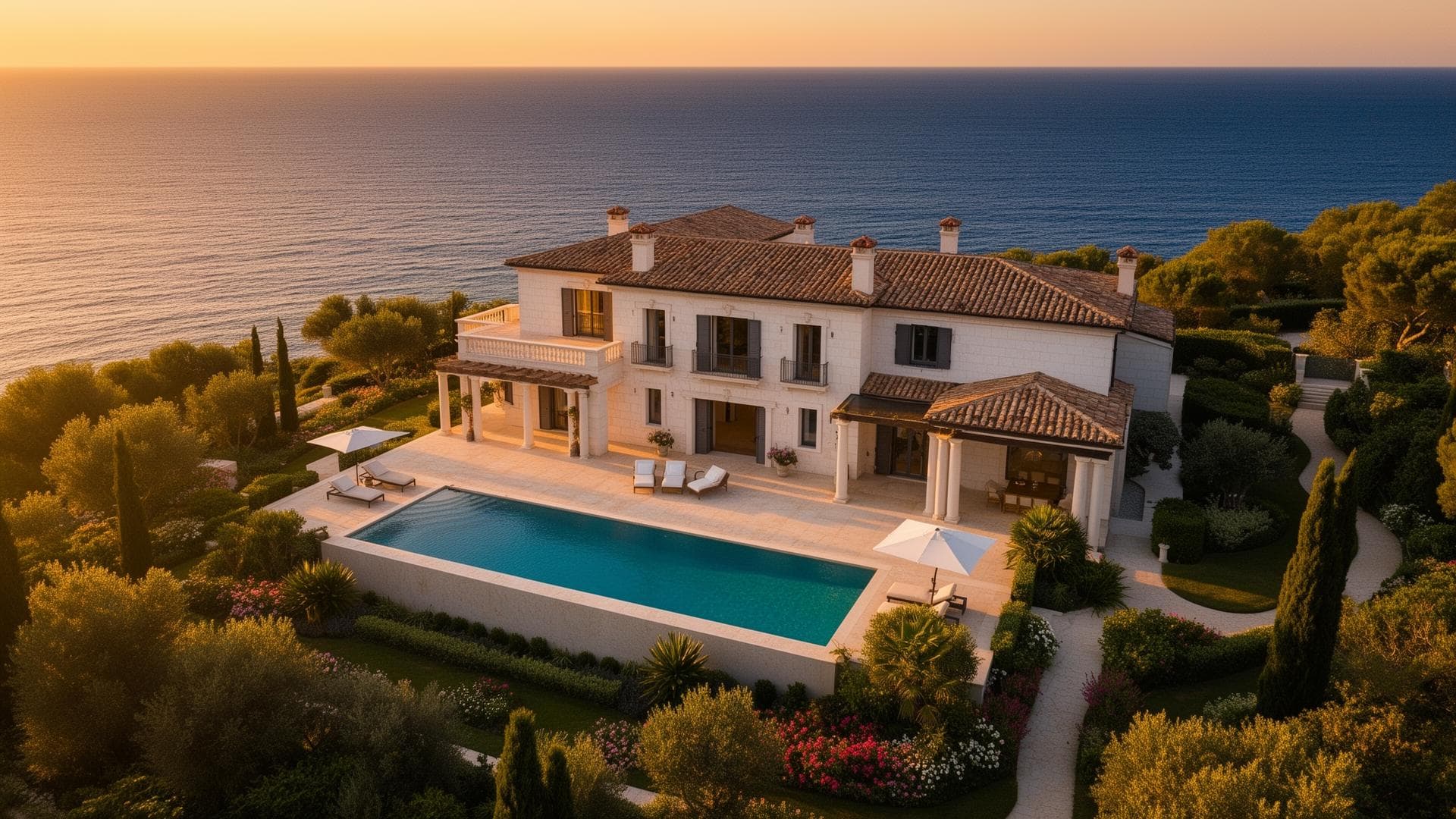 Luxury Mediterranean villa at golden hour