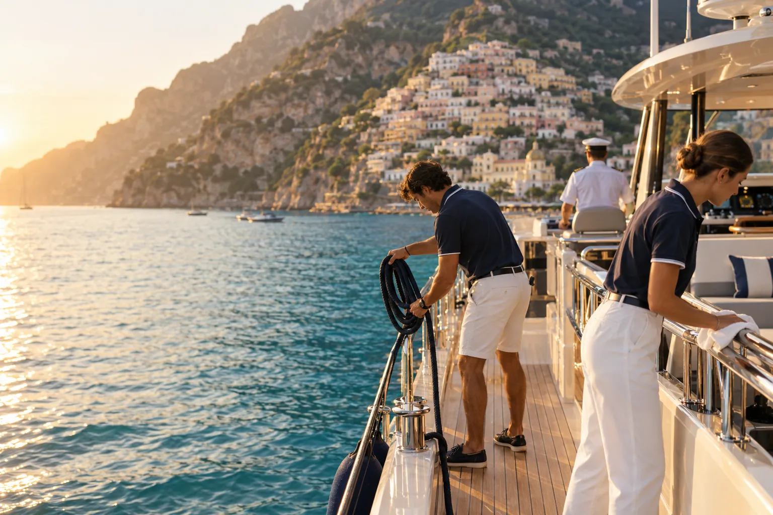 Equipaggio al lavoro su uno yacht davanti a Positano