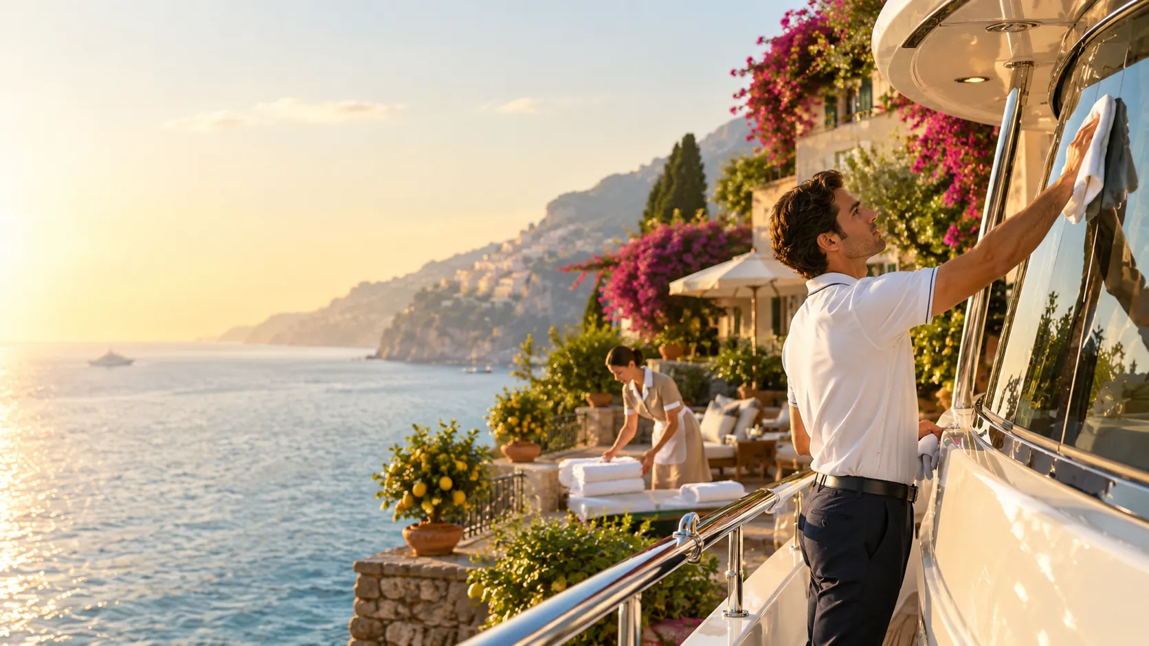 Marinaio che pulisce le vetrate di uno yacht e addetta che prepara la terrazza di una villa in Costiera Amalfitana